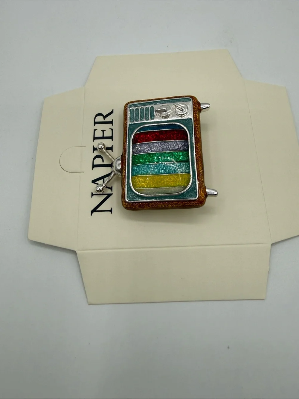 Vintage Napier Retro Television Brooch Pin Color Bar TV Enamel Silver Tone
